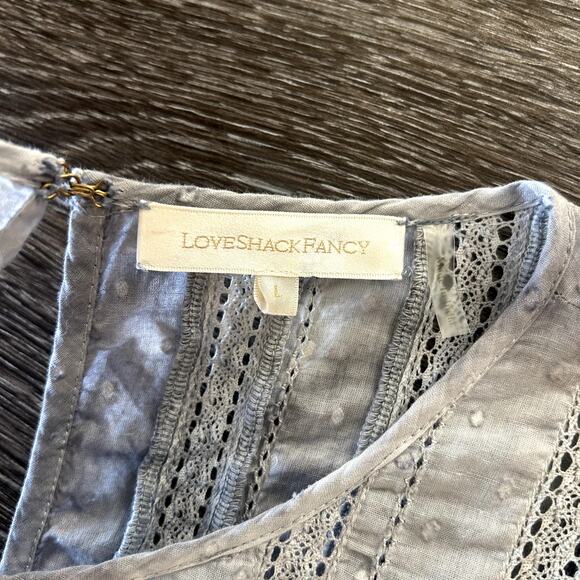 LoveShackFancy Natasha Heritage Mini Dress L Washed Denim Blue Ruffle Lace EUC - Picture 11 of 15